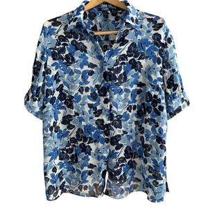 Chaps Blue Floral Sheer Button Down Blouse 2X XXL Flowers Spring Summer